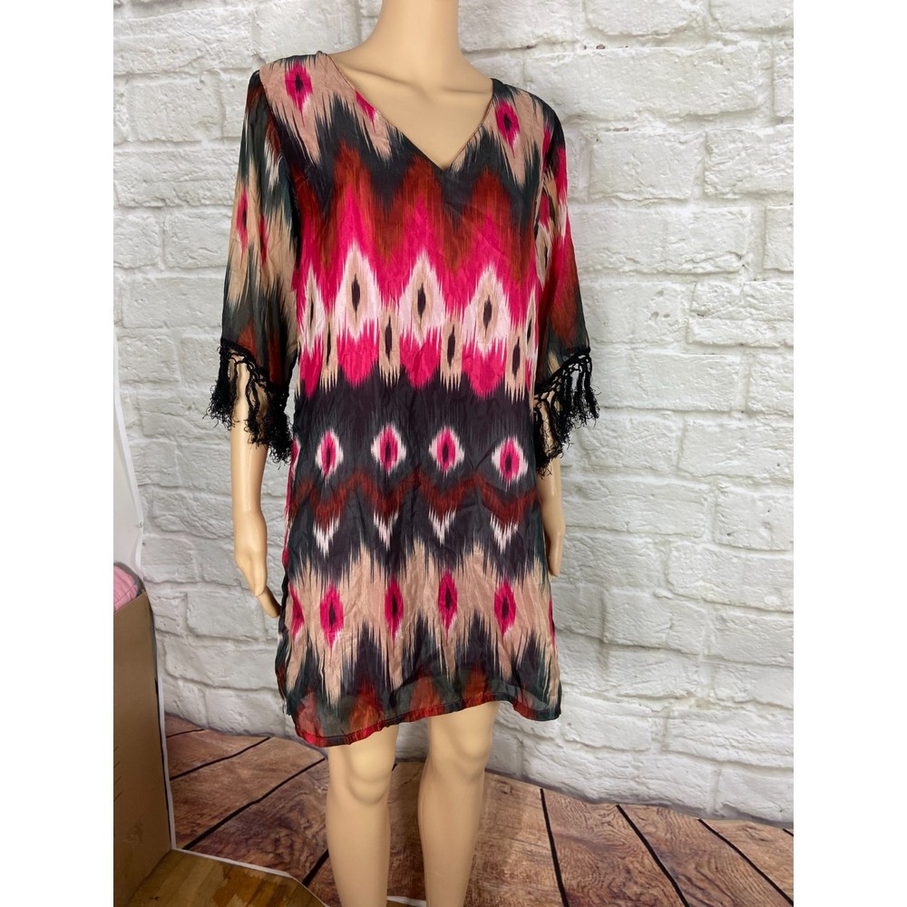 RANCHO ESTANCIA Dress Size Medium Lined Dress Fringe Sleeves Pink Black Beige